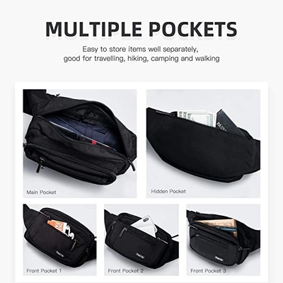 Bum Fashion Fanny Pack Nam nữ Túi thắt lưng chống nước với 6 túi có khóa kéo